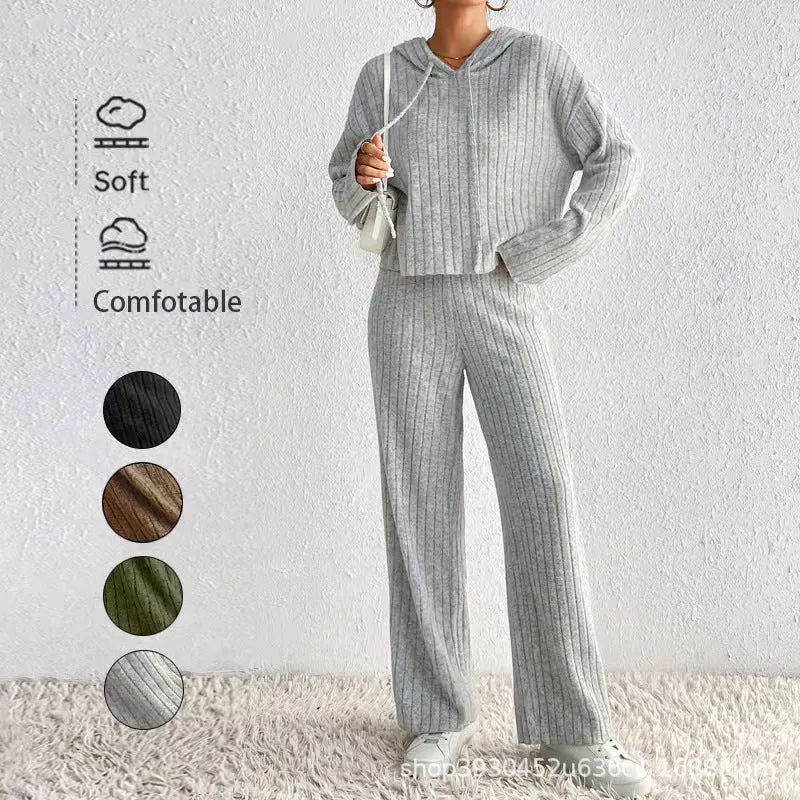 Damen Geripptes Kuschel-Lounge-Set aus Chenille mit Kapuzenpullover und weitem Hosenbein Drune