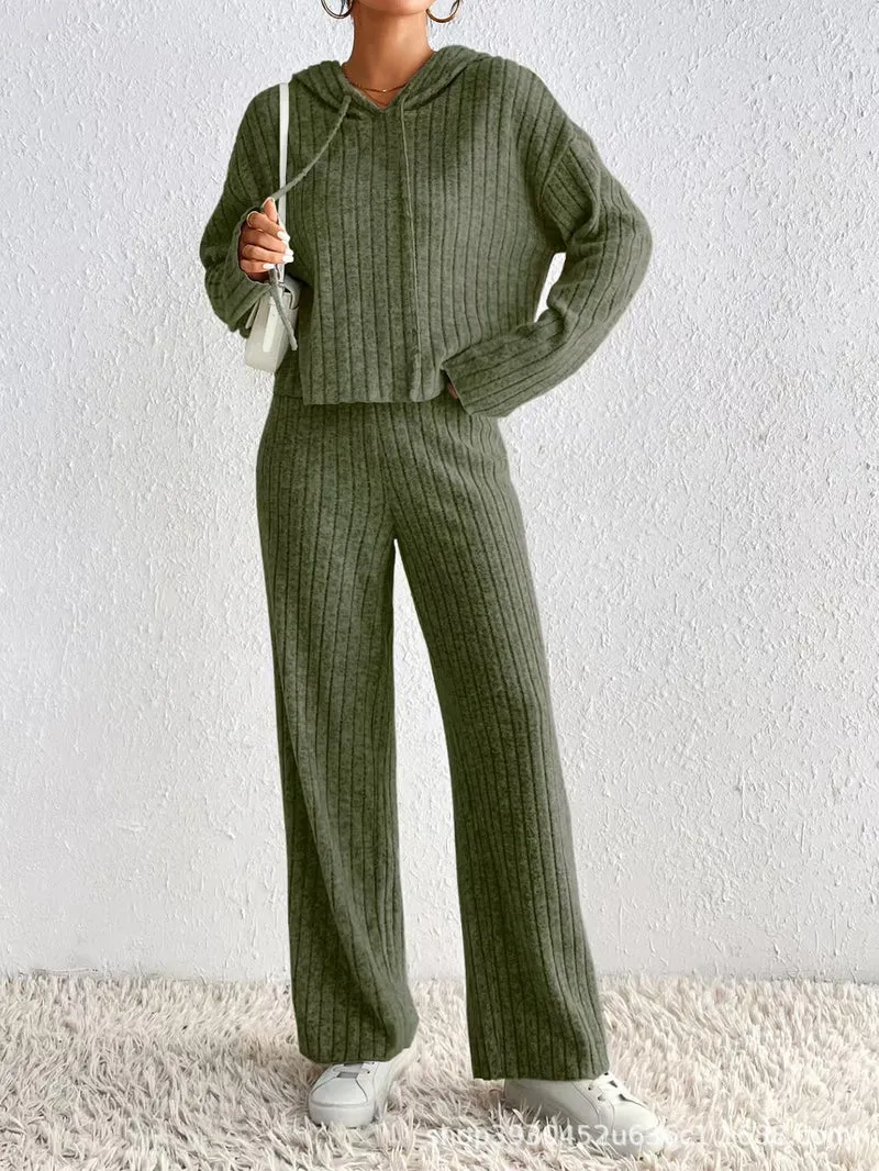 Damen Geripptes Kuschel-Lounge-Set aus Chenille mit Kapuzenpullover und weitem Hosenbein Drune