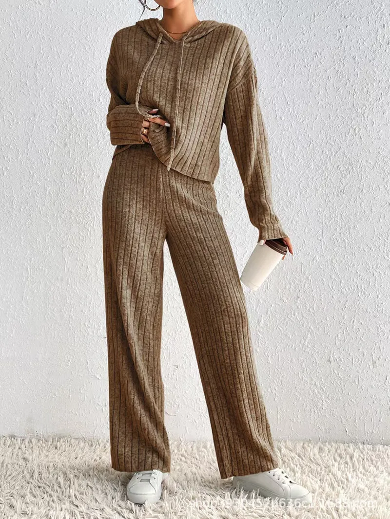 Damen Geripptes Kuschel-Lounge-Set aus Chenille mit Kapuzenpullover und weitem Hosenbein Drune
