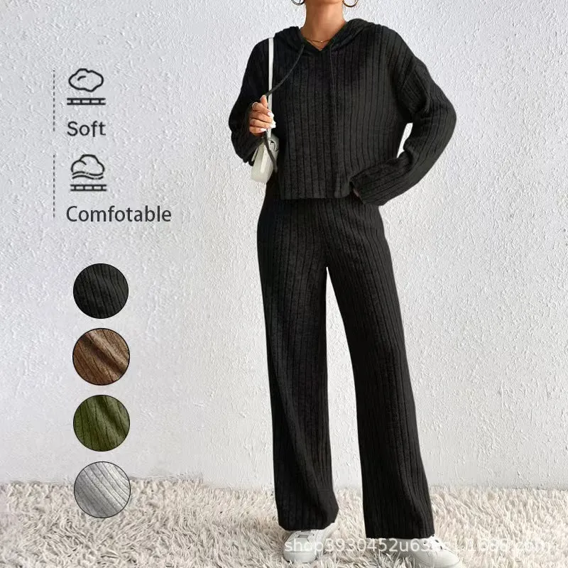 Damen Geripptes Kuschel-Lounge-Set aus Chenille mit Kapuzenpullover und weitem Hosenbein Drune