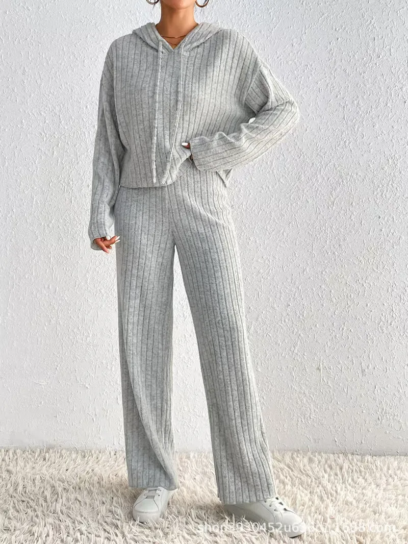 Damen Geripptes Kuschel-Lounge-Set aus Chenille mit Kapuzenpullover und weitem Hosenbein Drune