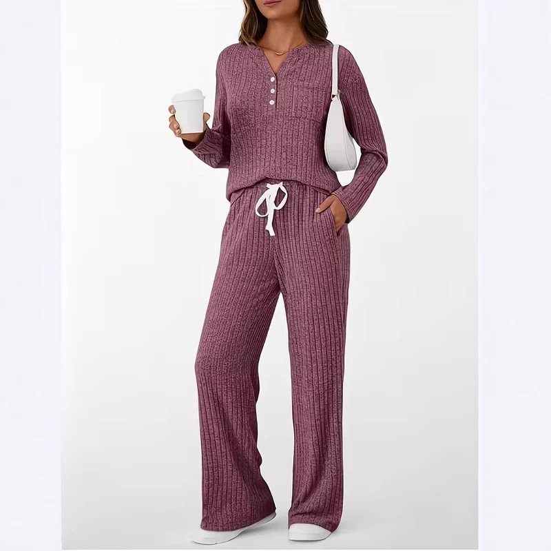 Damen Geripptes Entspannungs-Set mit Henley-Oberteil und weiter Kordelhose Drune