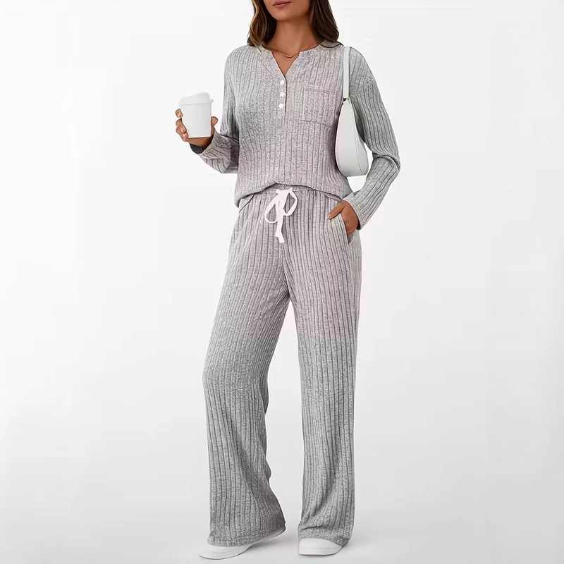 Damen Geripptes Entspannungs-Set mit Henley-Oberteil und weiter Kordelhose Drune