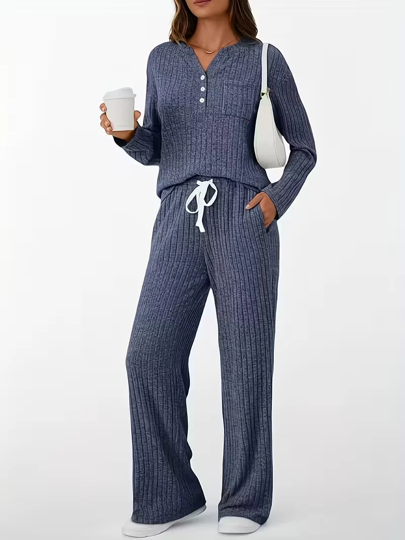 Damen Geripptes Entspannungs-Set mit Henley-Oberteil und weiter Kordelhose Drune