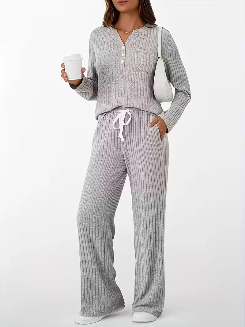 Damen Geripptes Entspannungs-Set mit Henley-Oberteil und weiter Kordelhose Drune