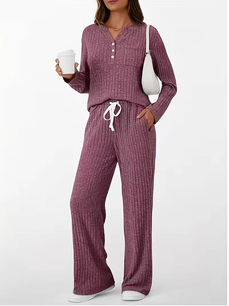 Damen Geripptes Entspannungs-Set mit Henley-Oberteil und weiter Kordelhose Drune