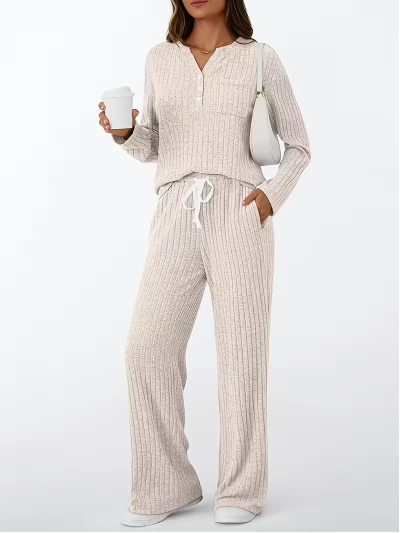 Damen Geripptes Entspannungs-Set mit Henley-Oberteil und weiter Kordelhose Drune