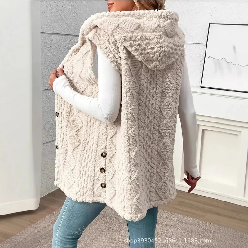 Damen Gefütterte Teddy-Weste mit Kapuze und Knopfverschluss Drune