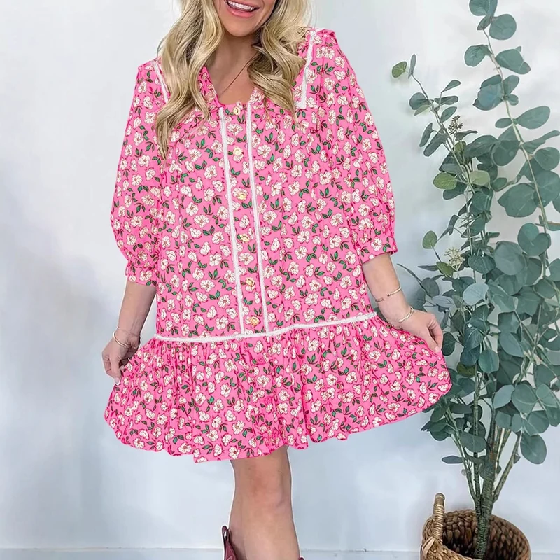 Damen Florales Mini-Hemdkleid mit übergroßem Matrosenkragen Drune