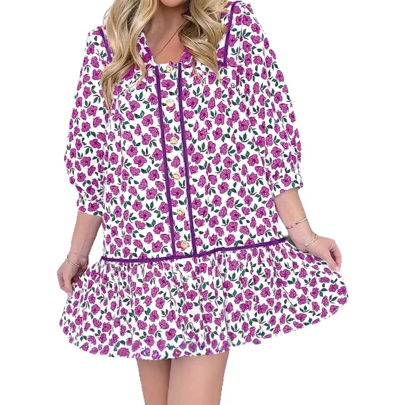 Damen Florales Mini-Hemdkleid mit übergroßem Matrosenkragen Drune