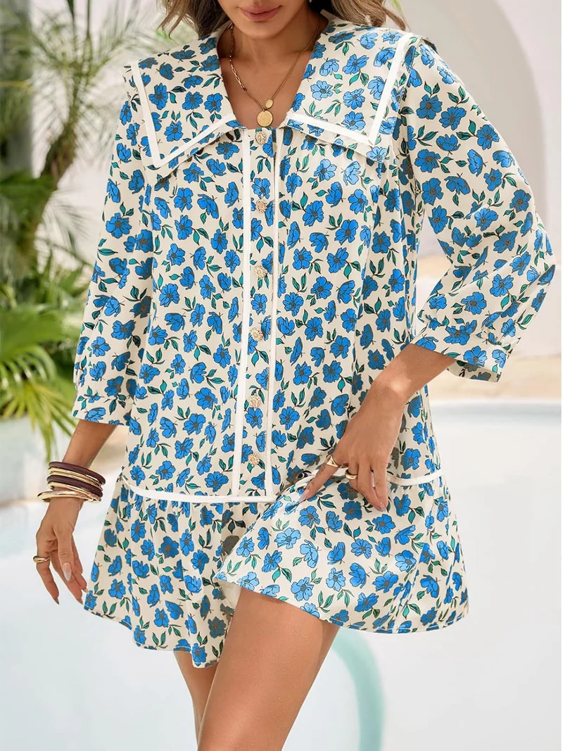 Damen Florales Mini-Hemdkleid mit übergroßem Matrosenkragen Drune