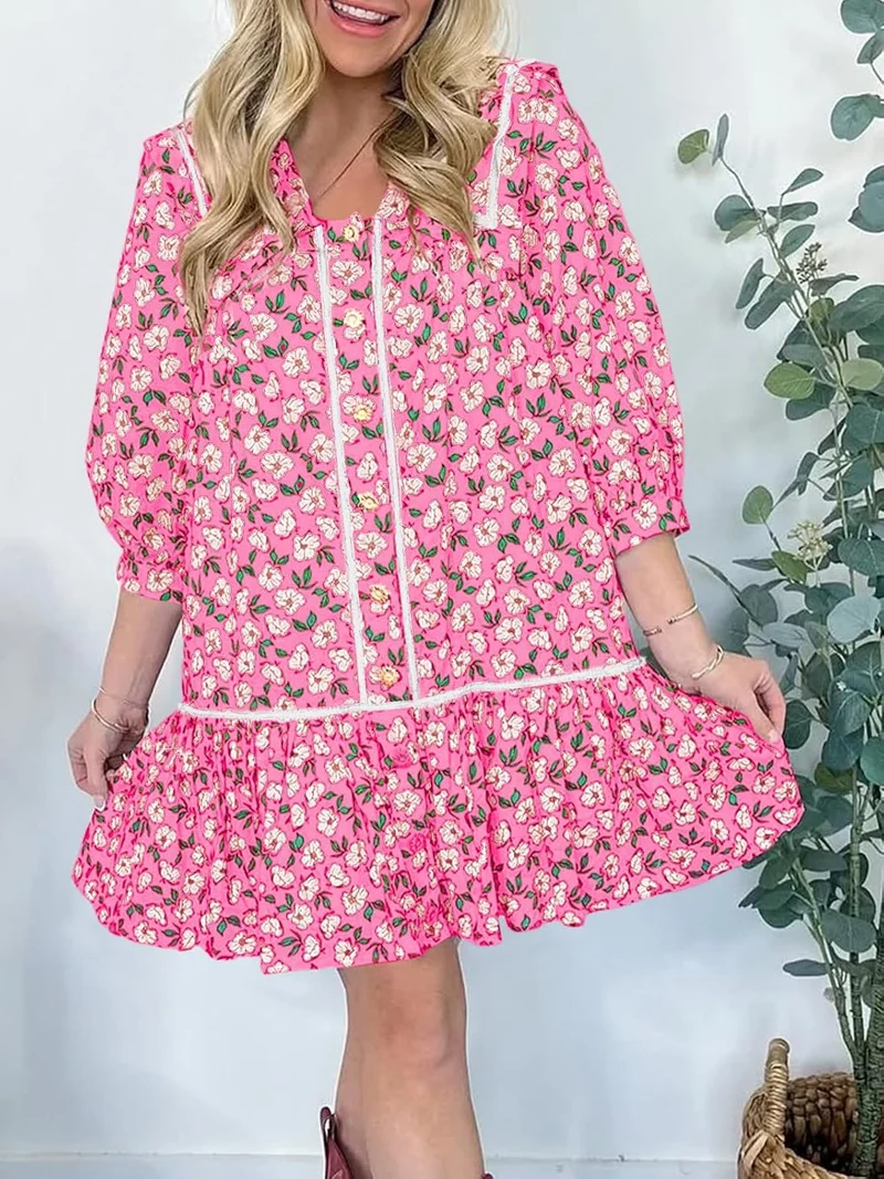 Damen Florales Mini-Hemdkleid mit übergroßem Matrosenkragen Drune