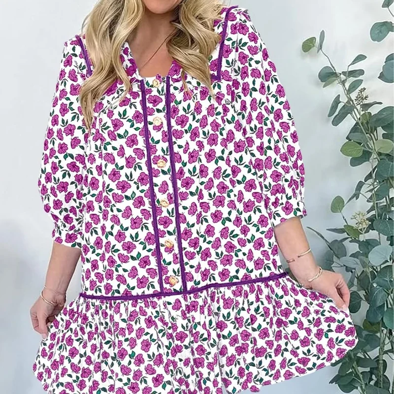 Damen Florales Mini-Hemdkleid mit übergroßem Matrosenkragen Drune