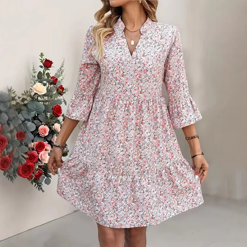 Damen Florales Babydoll-Kleid mit V-Ausschnitt, hohem Empire‑Bund und Glockenärmeln Drune