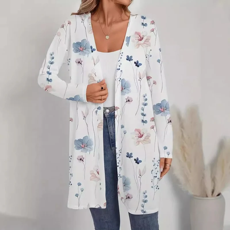 Damen Floraler Longline-Cardigan mit offenem Schnitt und leichtem Viskose-Mix Drune