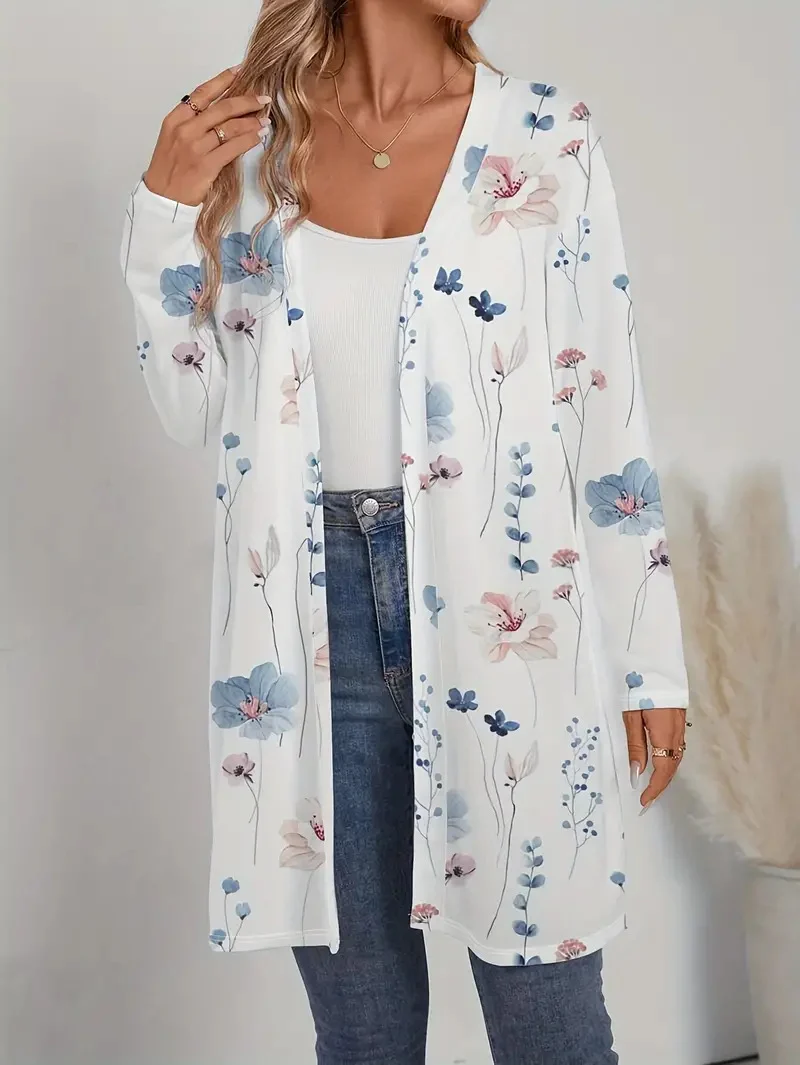 Damen Floraler Longline-Cardigan mit offenem Schnitt und leichtem Viskose-Mix Drune