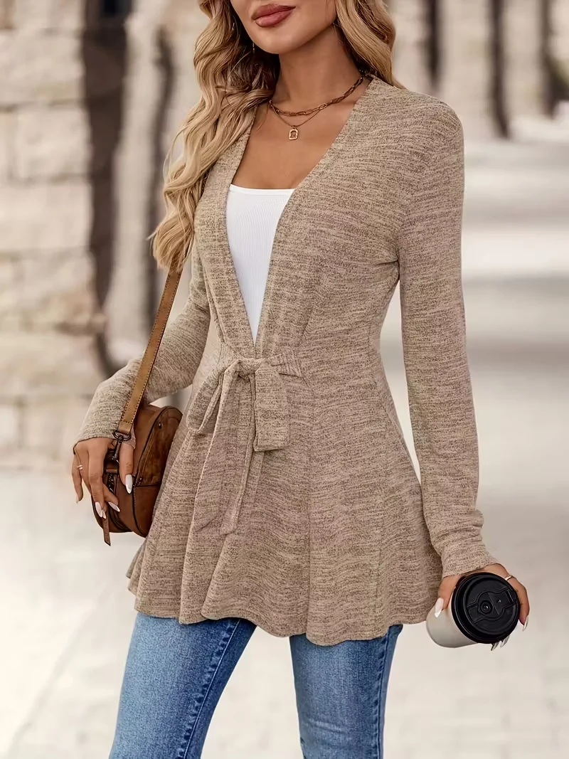 Damen Feinstrick-Cardigan mit Bindegürtel und ausgestelltem Saum Drune
