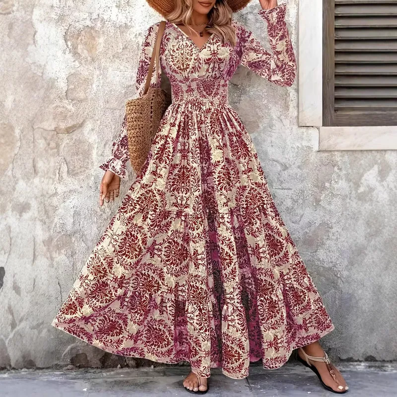 Damen Boho‑Maxikleid mit Smok‑Taillenpartie, V‑Ausschnitt und Stufenrock Drune