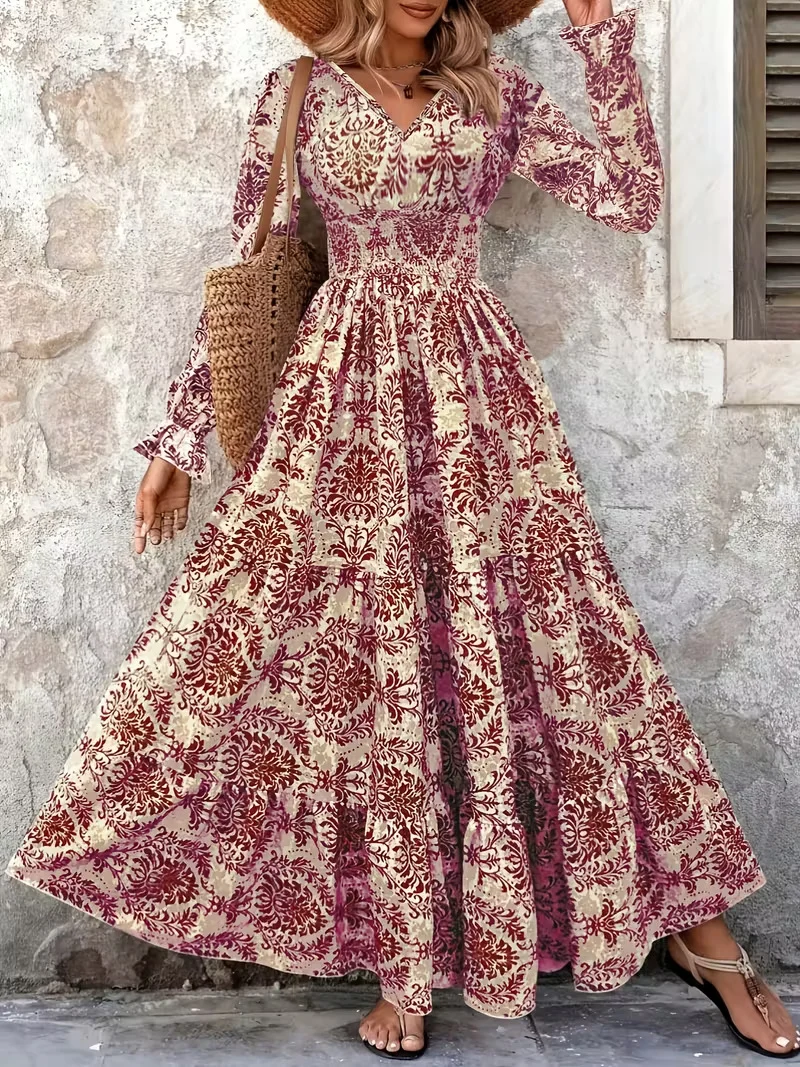 Damen Boho‑Maxikleid mit Smok‑Taillenpartie, V‑Ausschnitt und Stufenrock Drune