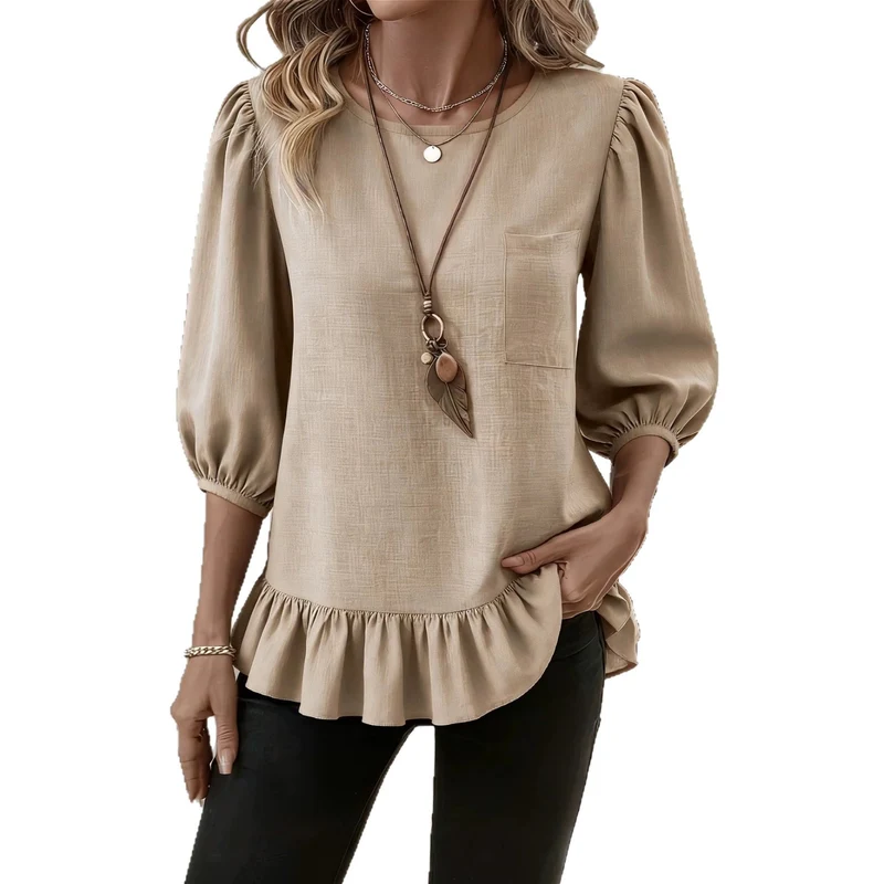 Damen Bluse mit Puffärmeln, Brusttasche und Stufenvolant Drune