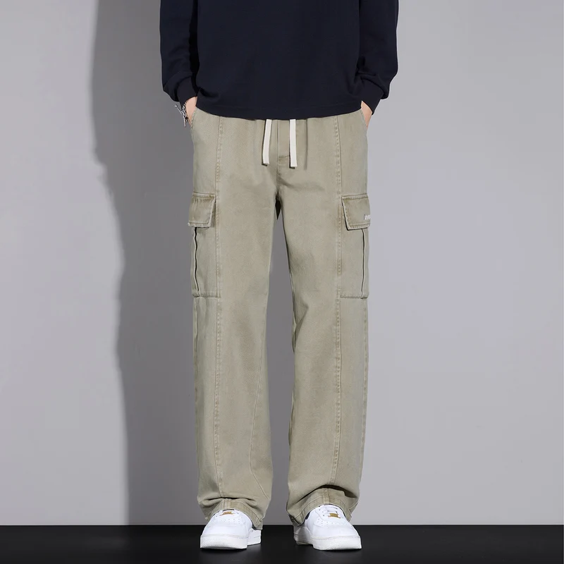 Herren Weite Cargo-Hose aus gewaschener Baumwolle mit Tunnelzug und Multifachtaschen Drune