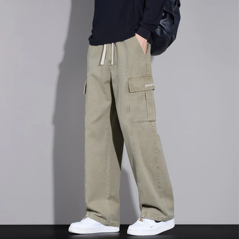 Herren Weite Cargo-Hose aus gewaschener Baumwolle mit Tunnelzug und Multifachtaschen Drune