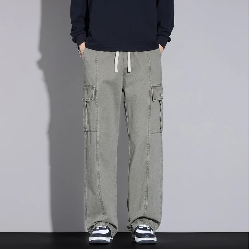 Herren Weite Cargo-Hose aus gewaschener Baumwolle mit Tunnelzug und Multifachtaschen Drune