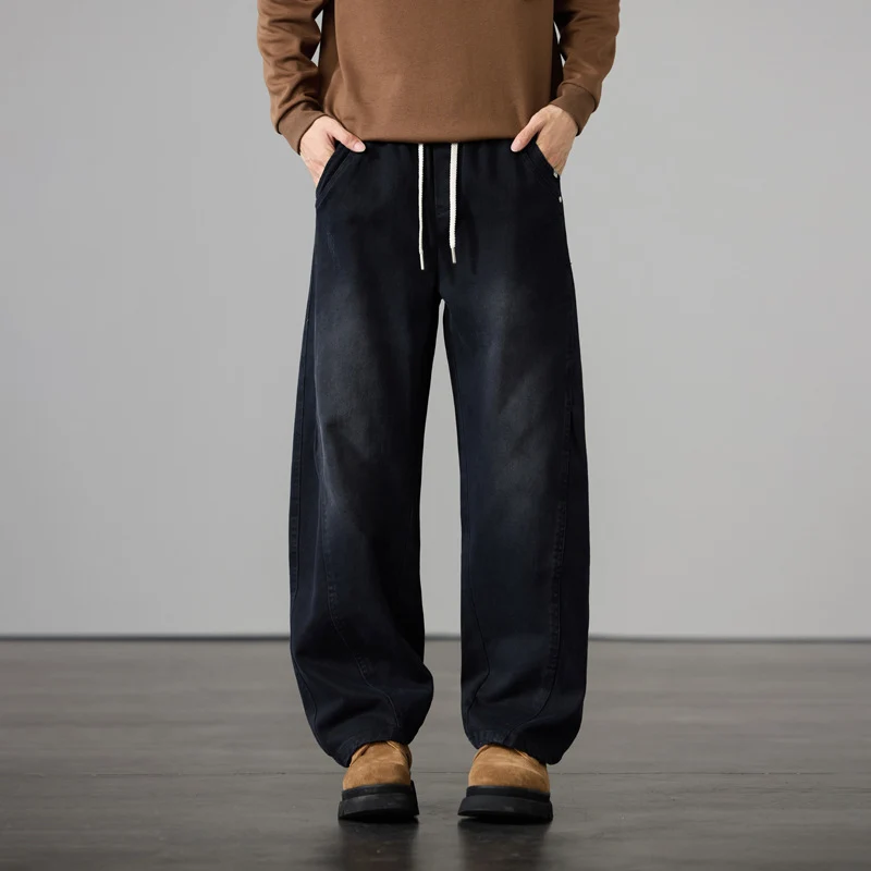 Herren Weite Baumwoll-Drawstring-Hose im Vintage-Waschlook Drune