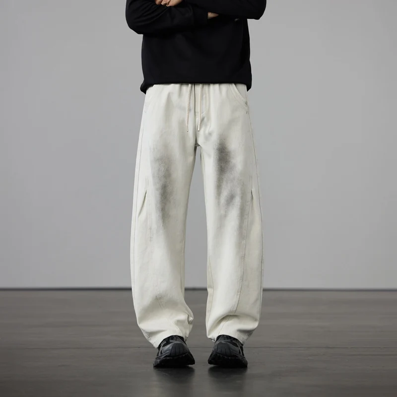Herren Weite Baumwoll-Drawstring-Hose im Vintage-Waschlook Drune