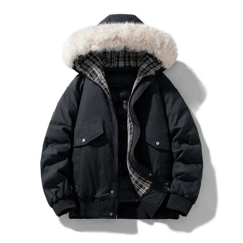 Herren Wattierte Winterjacke mit Kunstpelz-Kapuze, gestepptem kariertem Innenfutter und Bomberbündchen Drune