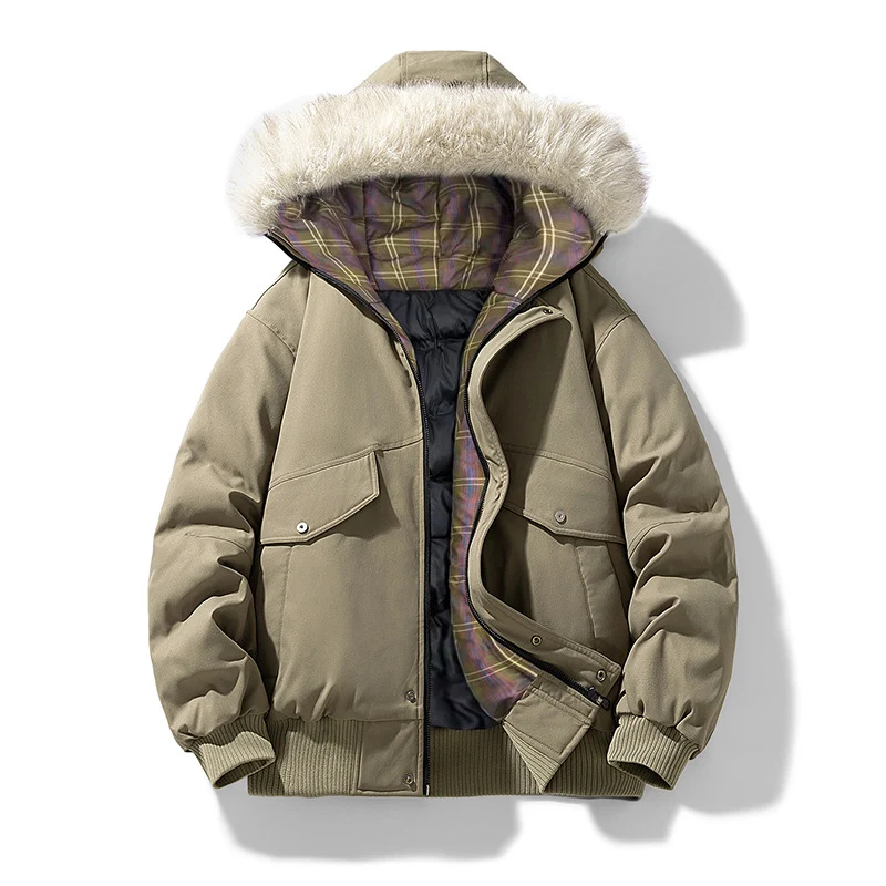 Herren Wattierte Winterjacke mit Kunstpelz-Kapuze, gestepptem kariertem Innenfutter und Bomberbündchen Drune