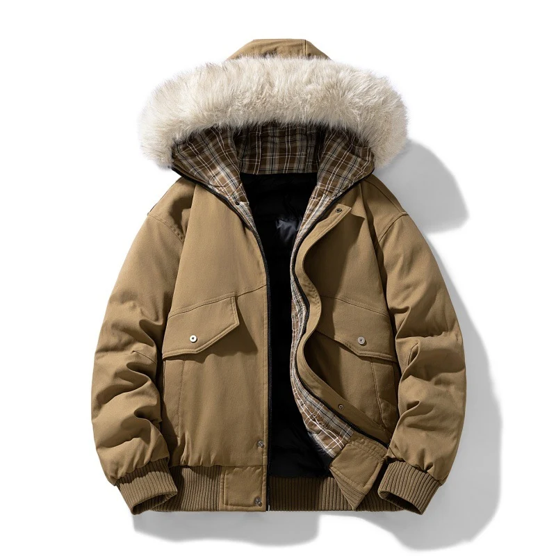 Herren Wattierte Winterjacke mit Kunstpelz-Kapuze, gestepptem kariertem Innenfutter und Bomberbündchen Drune