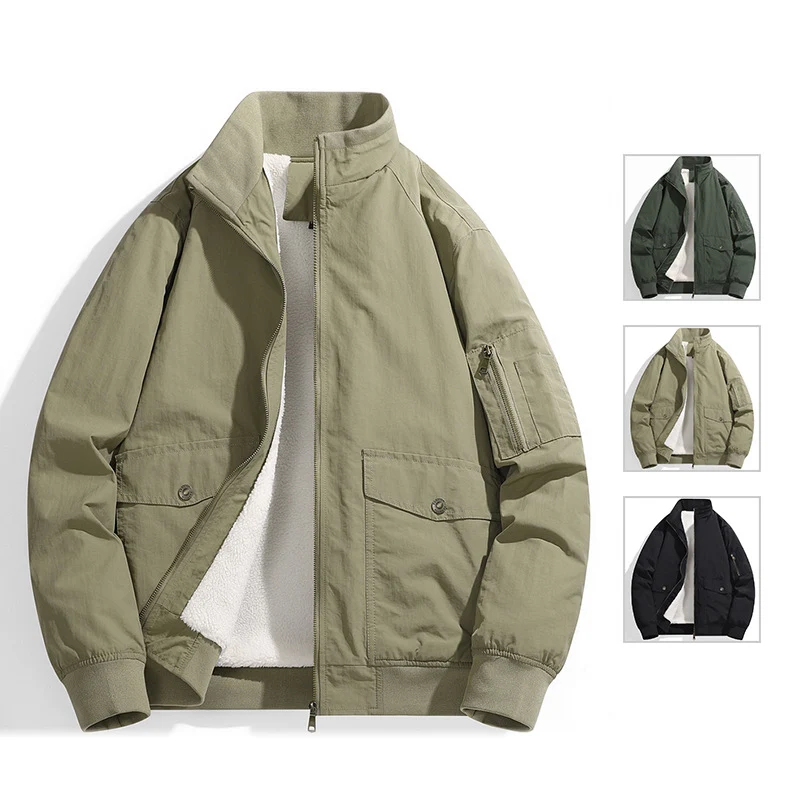 Herren Utility-Fliegerjacke mit Teddyfutter, Stehkragen und Ärmel-Tasche Drune