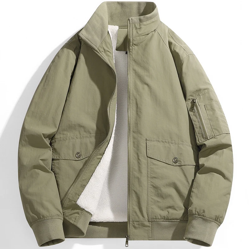 Herren Utility-Fliegerjacke mit Teddyfutter, Stehkragen und Ärmel-Tasche Drune