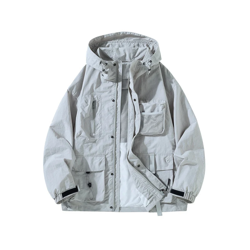Herren Technische Utility-Outdoorjacke mit Kapuze Multifunktionstaschen und Mesh-Innenfutter Drune