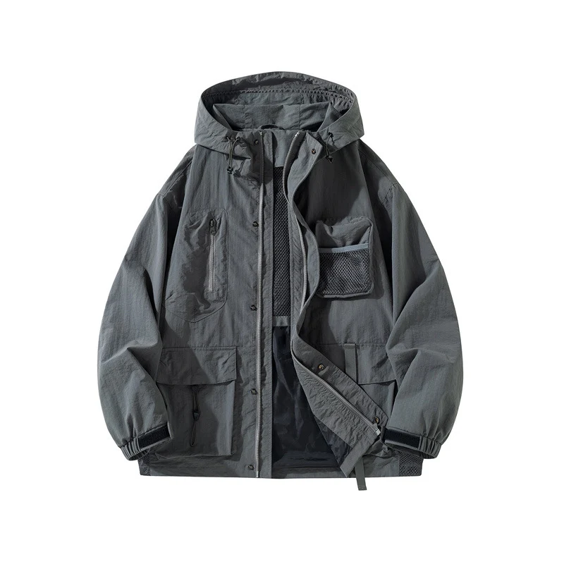 Herren Technische Utility-Outdoorjacke mit Kapuze Multifunktionstaschen und Mesh-Innenfutter Drune