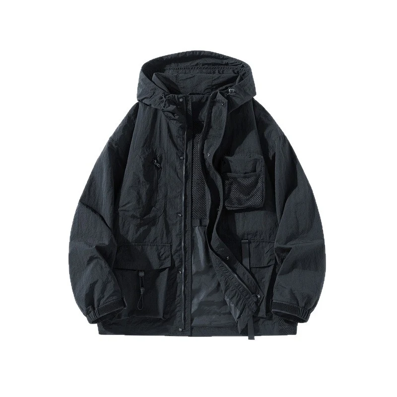 Herren Technische Utility-Outdoorjacke mit Kapuze Multifunktionstaschen und Mesh-Innenfutter Drune