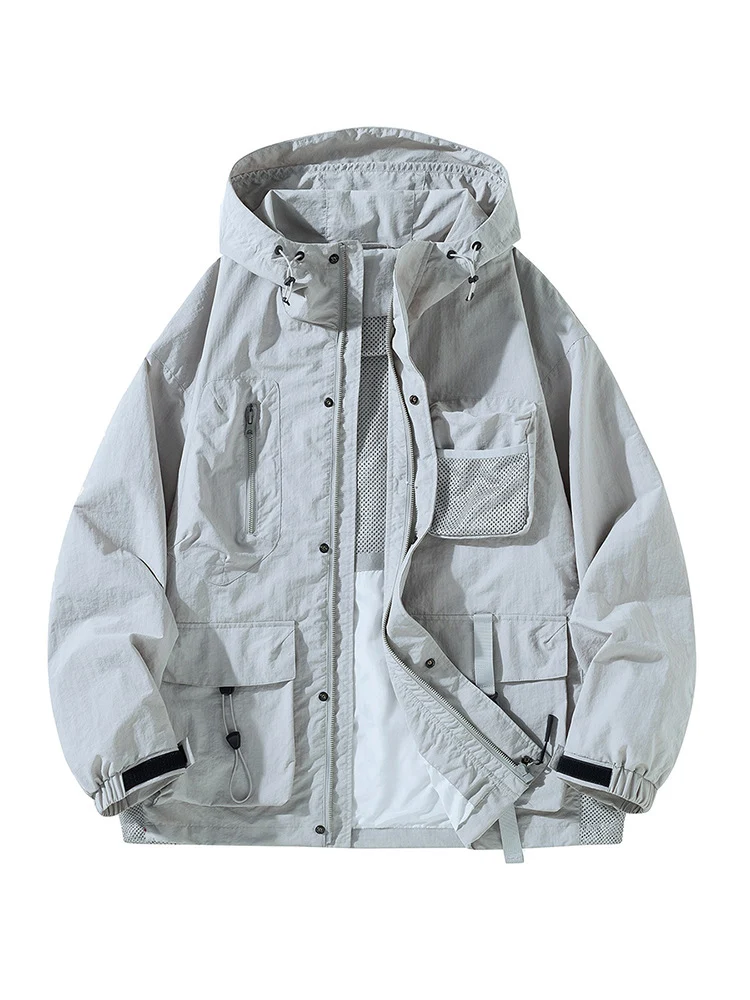 Herren Technische Utility-Outdoorjacke mit Kapuze Multifunktionstaschen und Mesh-Innenfutter Drune