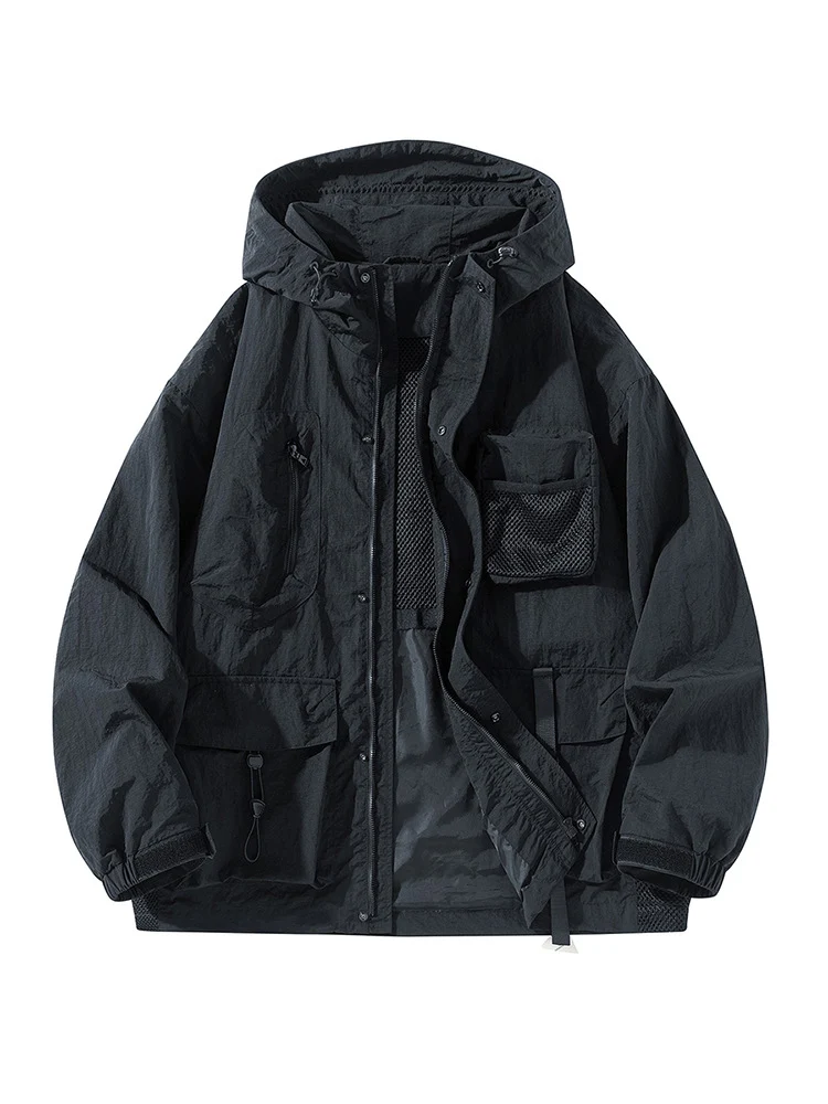Herren Technische Utility-Outdoorjacke mit Kapuze Multifunktionstaschen und Mesh-Innenfutter Drune