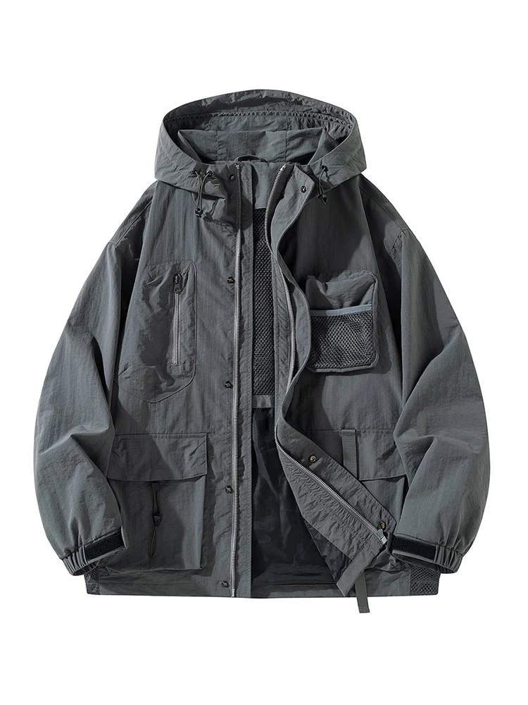 Herren Technische Utility-Outdoorjacke mit Kapuze Multifunktionstaschen und Mesh-Innenfutter Drune