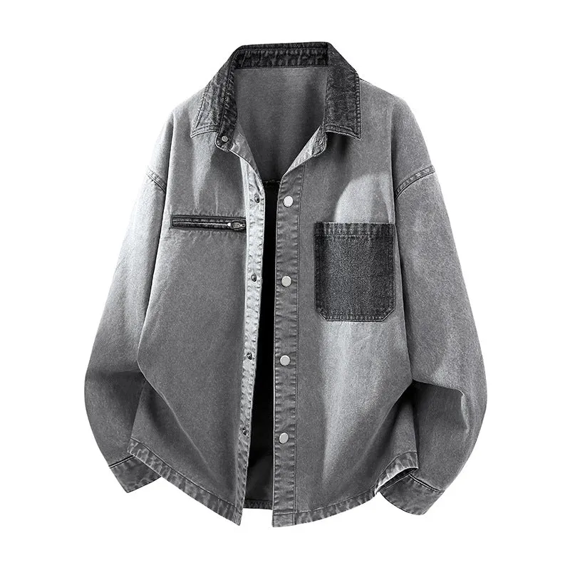 Herren Oversize Denim-Hemdjacke mit Kontrasttasche und Druckknopfleiste Drune