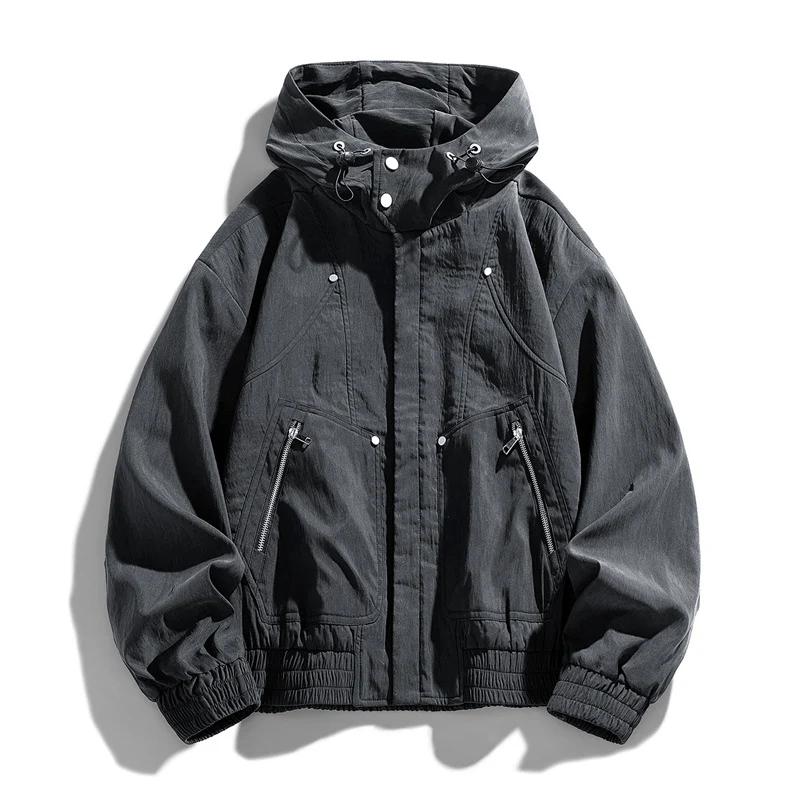 Herren Oversize Canvas-Utility-Kapuzenjacke mit versteckter Druckknopfleiste und Reißverschlusstaschen Drune