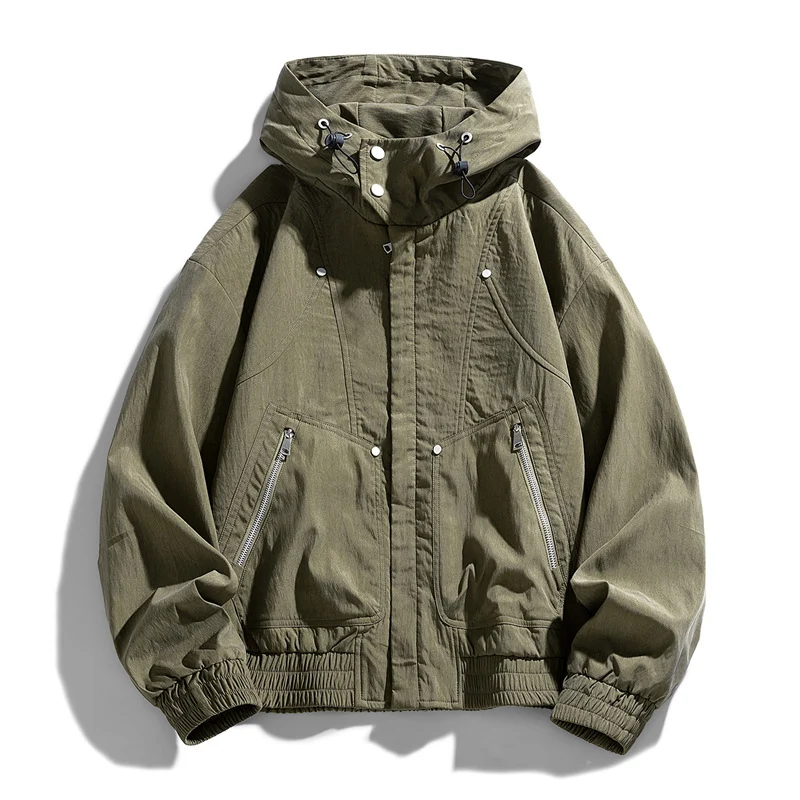 Herren Oversize Canvas-Utility-Kapuzenjacke mit versteckter Druckknopfleiste und Reißverschlusstaschen Drune