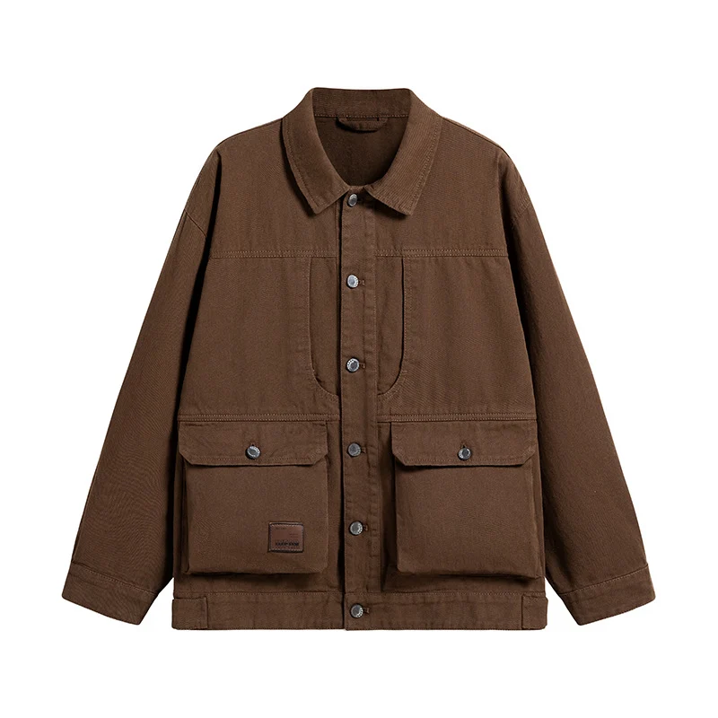 Herren Oversize Canvas-Utility-Jacke mit aufgesetzten Multifunktions-Taschen und Druckknopfleiste Drune