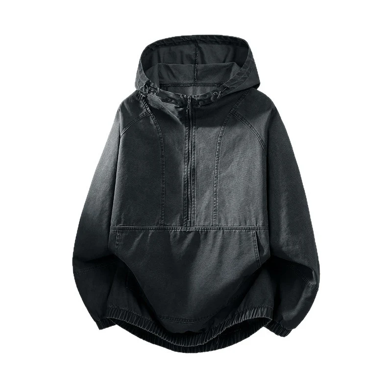 Herren Oversize Canvas-Halbzip-Kapuzenanorak mit Kängurutasche und elastischem Saum Drune