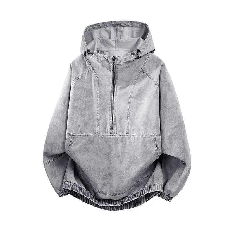 Herren Oversize Canvas-Halbzip-Kapuzenanorak mit Kängurutasche und elastischem Saum Drune
