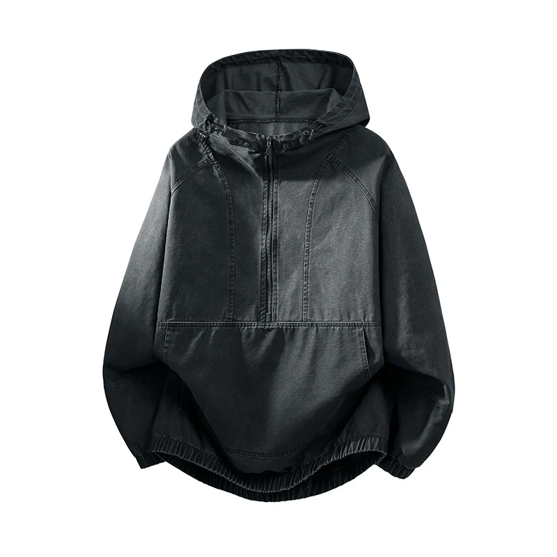 Herren Oversize Canvas-Halbzip-Kapuzenanorak mit Kängurutasche und elastischem Saum Drune