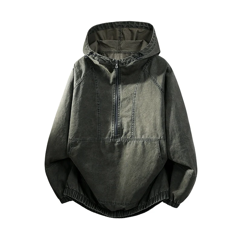 Herren Oversize Canvas-Halbzip-Kapuzenanorak mit Kängurutasche und elastischem Saum Drune