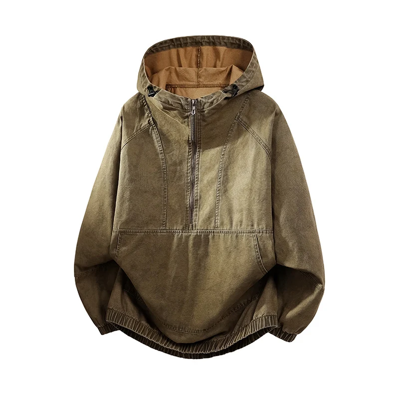 Herren Oversize Canvas-Halbzip-Kapuzenanorak mit Kängurutasche und elastischem Saum Drune