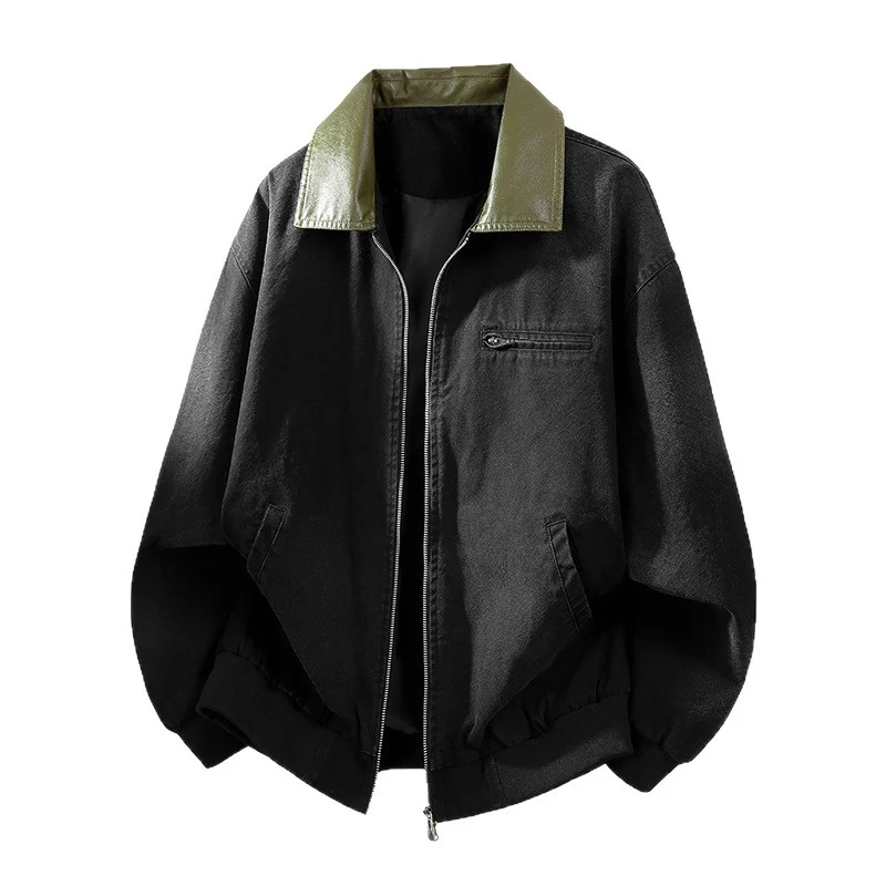 Herren Oversize-Bomberjacke mit Kontrastkragen aus Kunstleder und geripptem Saum Drune